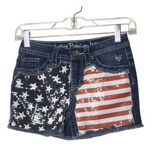 Justice Girls Denim Shorts 14S American Flag Sequin Festive Holiday Frayed Hem